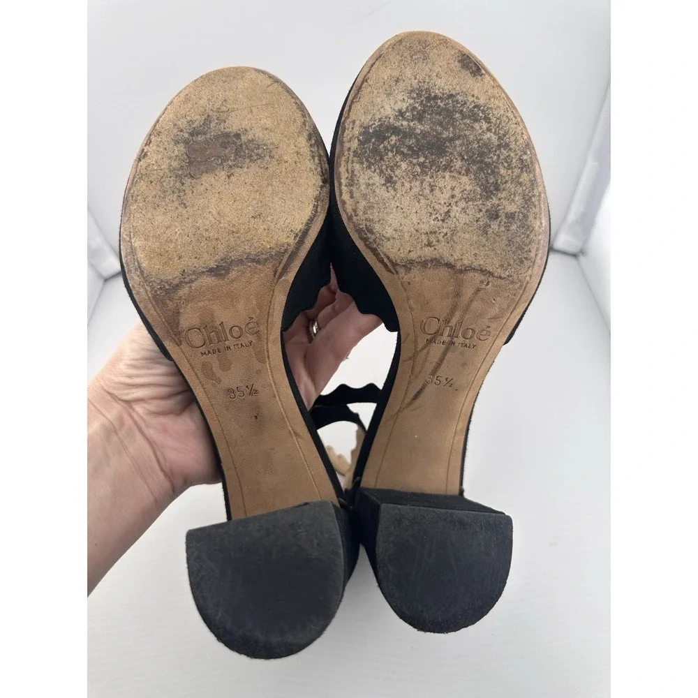 Chloe Black Suede Scalloped Ankle Strap Block Heels 35.5 Ballet Classic US 5.5‎